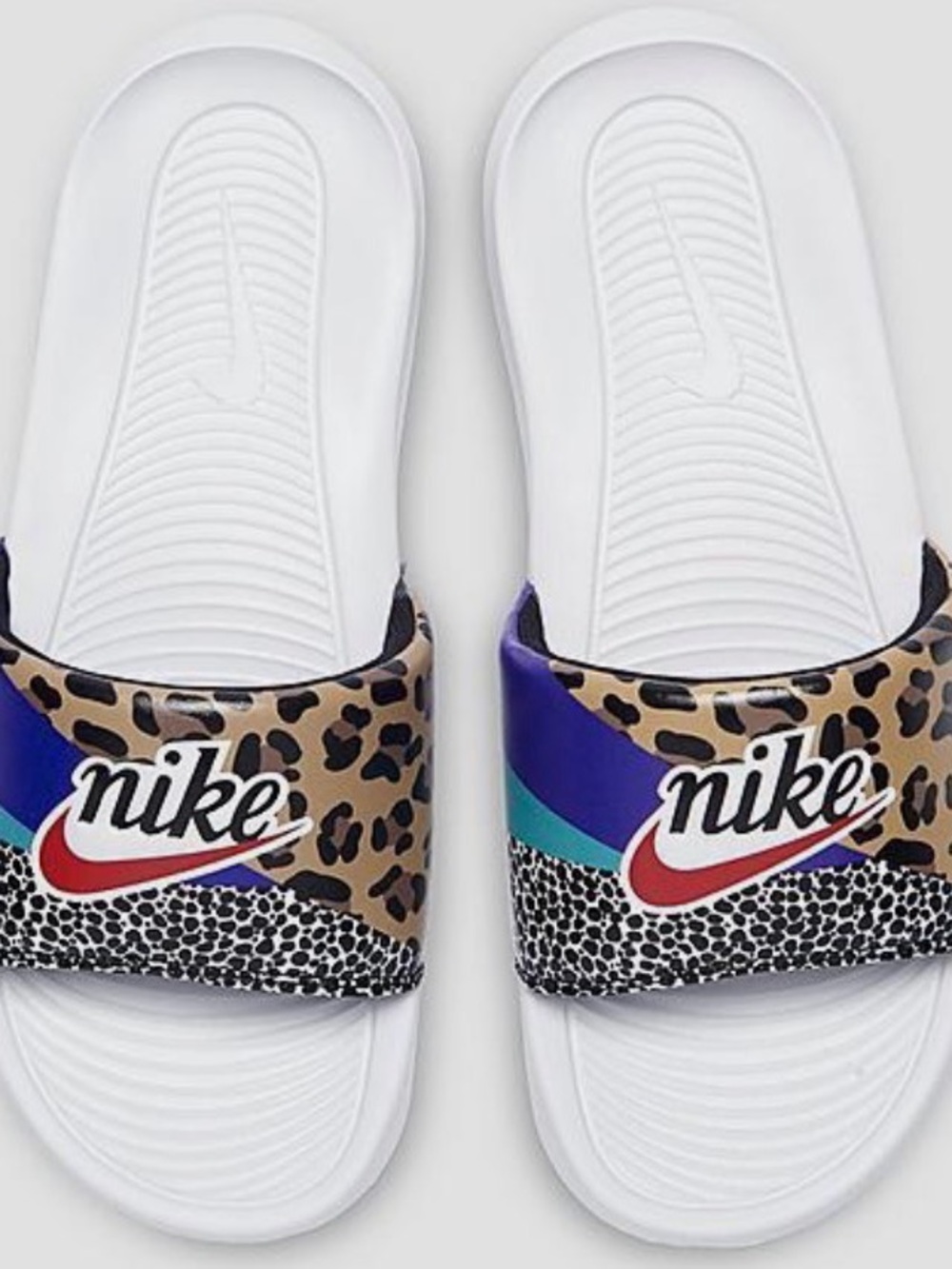 Nike White Slides with Leopard and Multicolor Logo Strap
